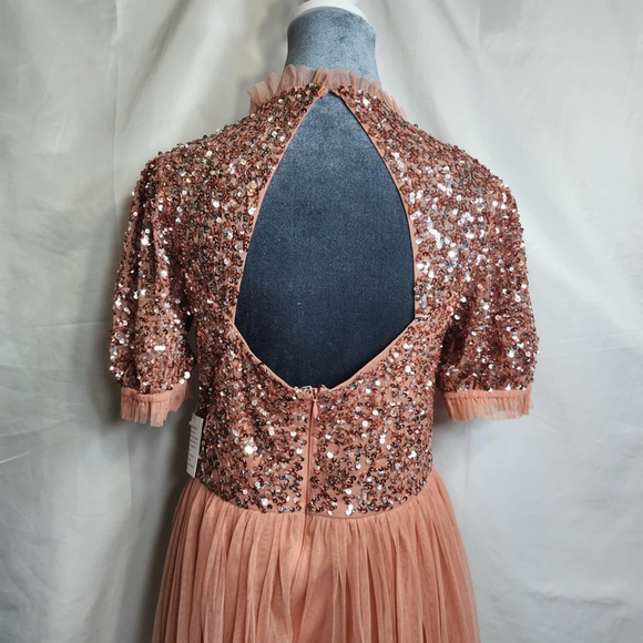 Maya Deluxe Bridesmaid Delicate Sequin Puff Sleeve Midi Dress Terracotta Pink 8 - Picture 6 of 13